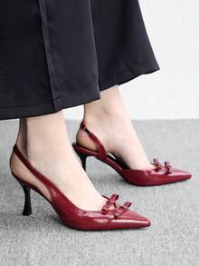 CUCCOO BIZCHIC Sandálias Slingback Femininas com Laço Duplo em V, Sapatos Slingback de Salto Agulha com Bico Fino, Saltos Altos Retrô Franceses Vermelhos Brilhantes, para Encontros e Jantares - Vermelho - Visão 2