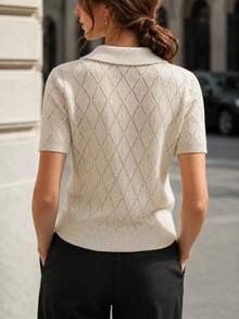 SHEIN New Spring Summer Vintage Preppy Diamond Pattern Knit Polo Women Lapel Collar Half Button Short Sleeve - Apricot - View 2