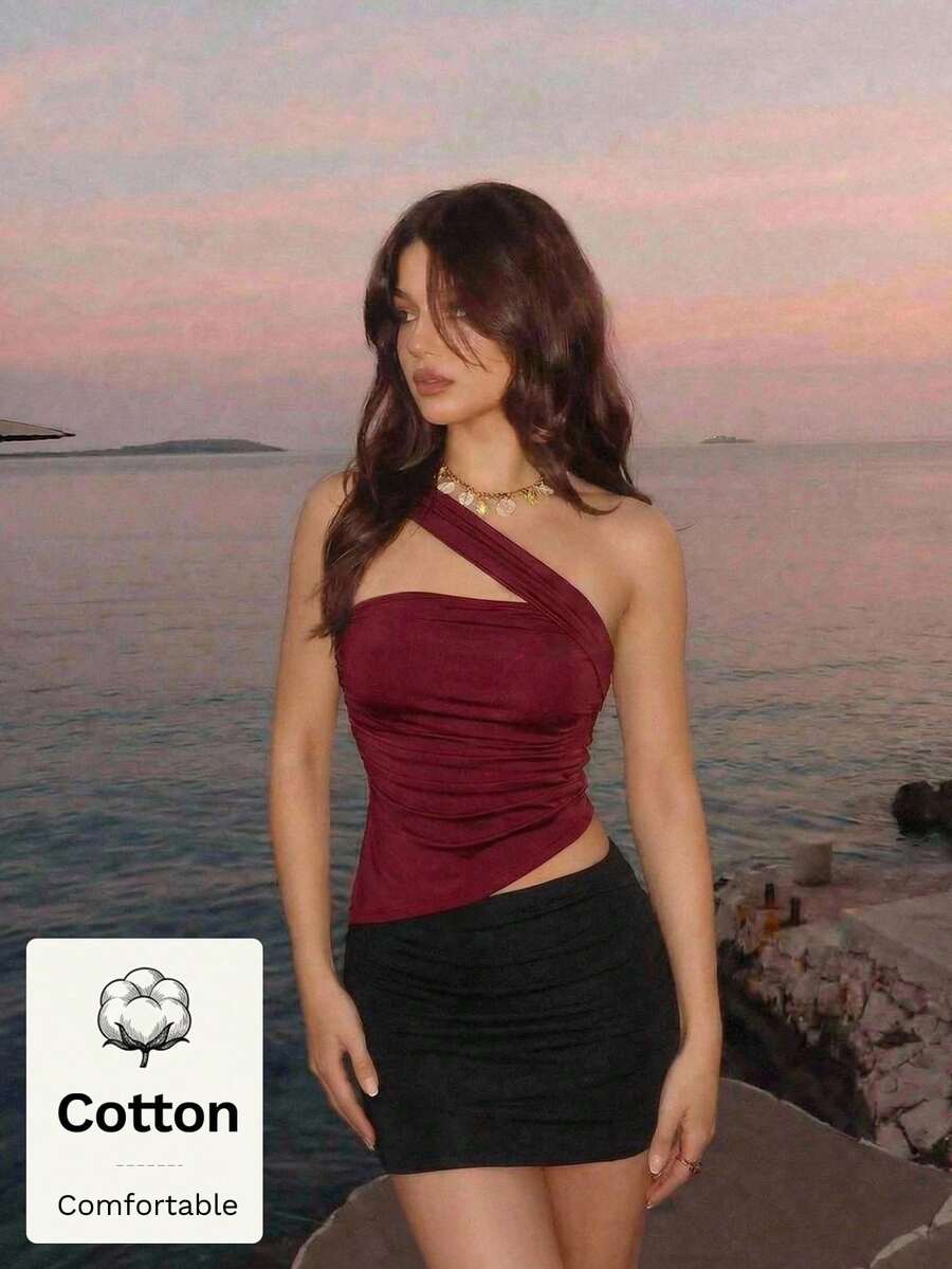 SHEIN MOD Women Cotton Solid One Shoulder Ruched Sleeveless Short Red Sweet Y2K Top Going Out Party Halloween Fall Autumn - Burgundy - View 1
