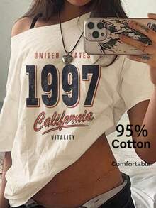 SHEIN EZwear 休閒極簡風 1997 數字滿版印花露肩落肩短袖寬鬆女款 T 恤 - 白色 - 查看 8