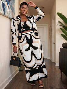Slaydiva Ensemble 3 pièces pour femmes grande taille, style décontracté élégant d'automne, veste zippée à manches longues en tricot crochet géométrique, débardeur camisole et pantalon ample, motif intégral blanc et noir - Multicolore - Voir 8