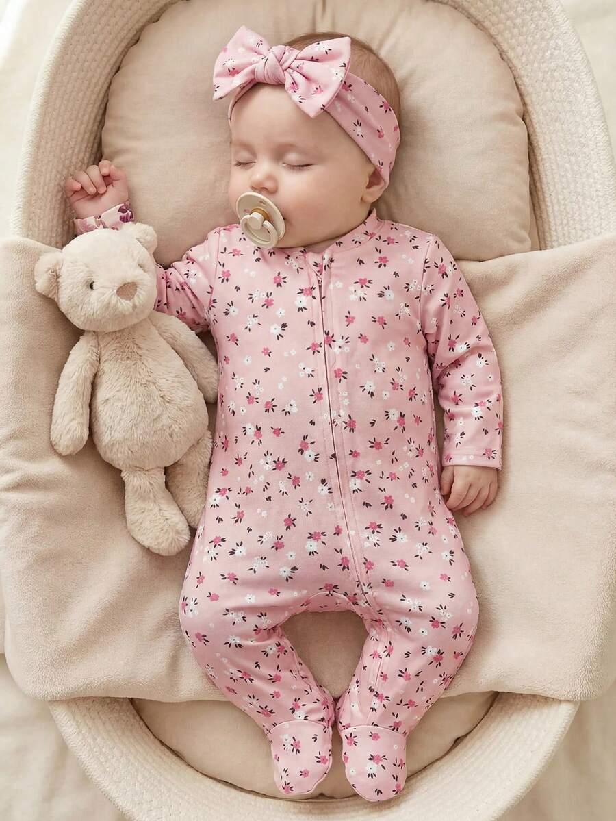 Nyfödd baby romper med småblommigt mönster, dragkedja fram och lång ärm - Multifärgad - Visa 1