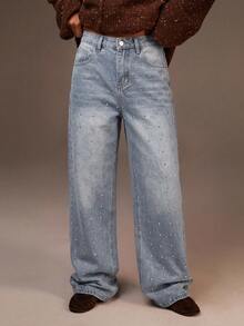 Athîral Denim 女款淺洗藍色寬腿牛仔褲，鉚釘細節，秋季日常穿著，街頭風，休閒牛仔褲，上班穿搭，返校，外出 - 藍色 - 查看 1
