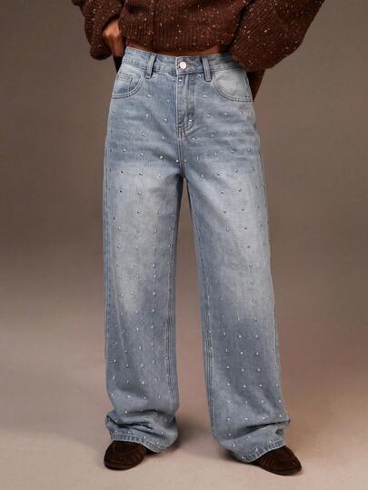 Athîral Denim Women's Light Wash Blue Wide-Leg Jeans With Rivet Details,AutumnEveryday Wear,Sreetwear ,Casual Jeans ,Work Outfits , Back To School ,Going Out
