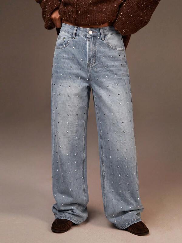 Athîral Denim Women's Light Wash Blue Wide-Leg Jeans With Rivet Details,AutumnEveryday Wear,Sreetwear ,Casual Jeans ,Work Outfits , Back To School ,Going Out