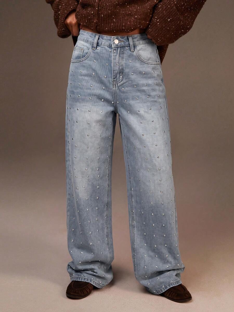 Athîral Denim 女款淺洗藍色寬腿牛仔褲,鉚釘細節,秋季日常穿著,街頭風,休閒牛仔褲,上班穿搭,返校,外出 - 藍色 - 查看 1
