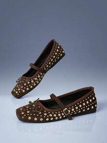 CUCCOO GRLICON Brown Suede Rivet Square Toe Mary Jane Shoes, Buckle Bow Flat Ballet Shoes - Brown - View 5