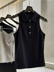 Livesso Débardeur sans manches à col revers, coupe slim, devant mi-ouvert pour femmes - Bleu marine - Voir 1