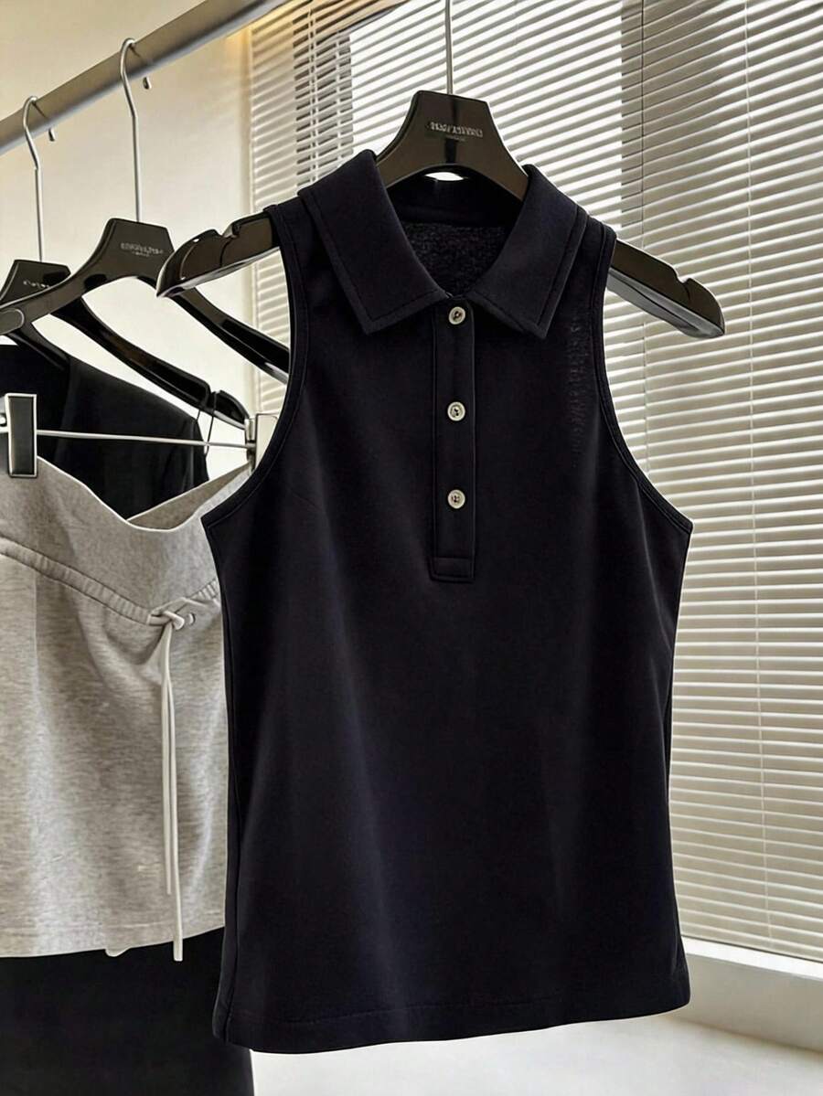Livesso Débardeur sans manches à col revers, coupe slim, devant mi-ouvert pour femmes - Bleu marine - Voir 1