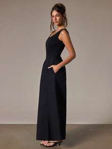 Athîral High Waist Elastic Jumpsuit, Minimalist Casual Elegant Style, Suitable For Daily Brunch Vacation, Dating, Commuting Black Summer - Black - View 5