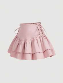 SHEIN MOD Lace Up Side Ruffle Hem Skirt - Baby Pink - View 2