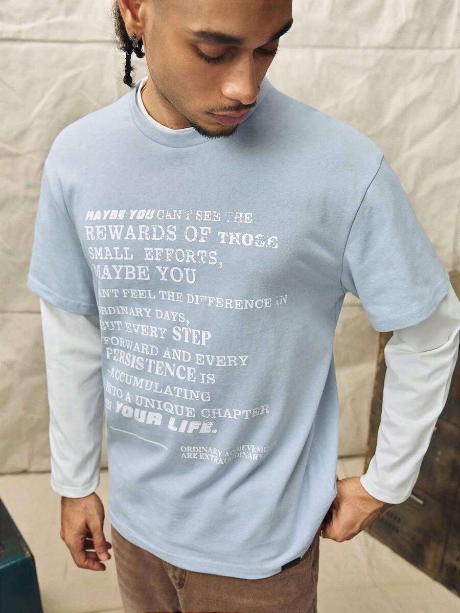 Norleigh Men's Knitted Fashion Casual Young Loose Long Sleeve T-Shirt With English Print Patchwork - Blue - View 1