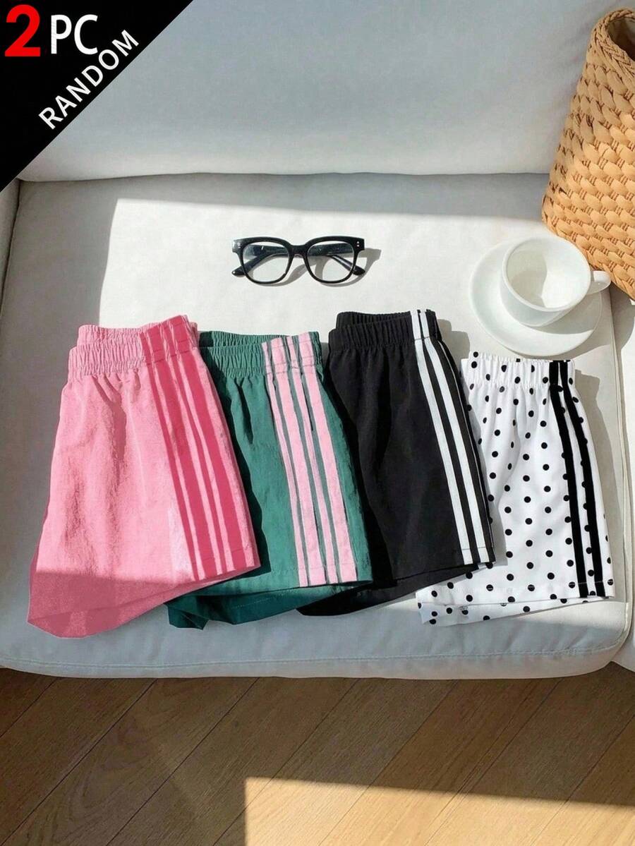 SHEIN Tween Girl Tween Girl Tween Girl 2pcs/Set Summer Polka Dot Contrast Color Webbing Shorts, Suitable For Sports - Multicolor - View 1