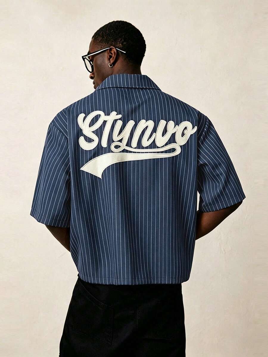 STYNVO 男士字母刺繡條紋短袖休閒襯衫 - 霧霾藍 - 查看 1