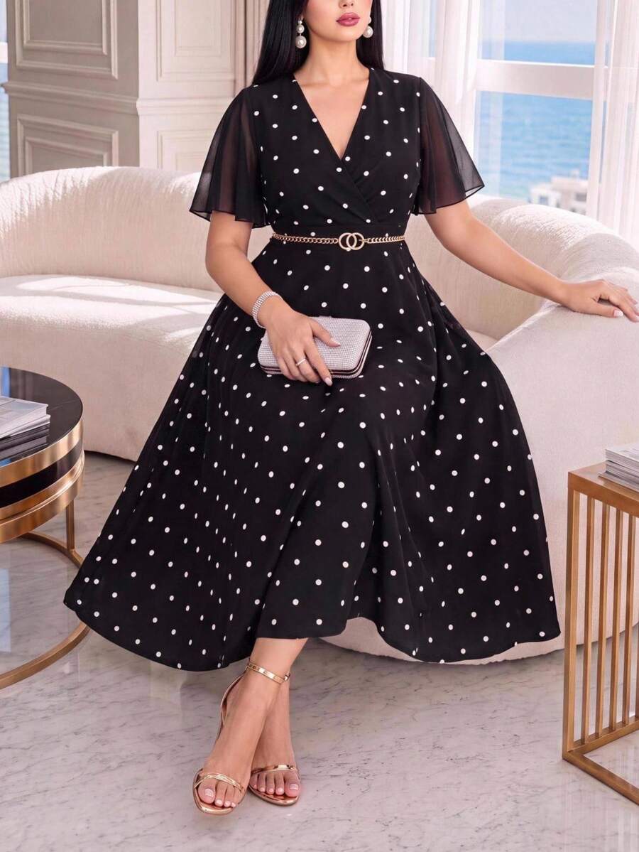 SHEIN Lady 大尺碼夏季優雅波點印花洋裝 - 黑與白 - 查看 1