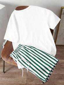 Daypath Men's Casual Minimalist Letter & Stripe Print T-Shirt Set, Loose Fit Top And Pants - White - View 2
