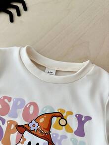 SHEIN Playful Pals 2件組女嬰休閒可愛日系萬聖節幽靈臉南瓜圖案短袖圓領T恤與鬆緊腰喇叭長褲套裝 - 紫色 - 查看 11