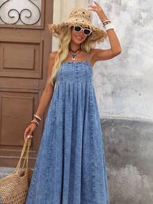 Brillora Damen Lässig Boho Urlaubs Spaghetti-Träger Denim Kleid Herbstkleidung Schulanfang Strandoutfits Land Hellblau - Mittele Waschung - Übersicht 4