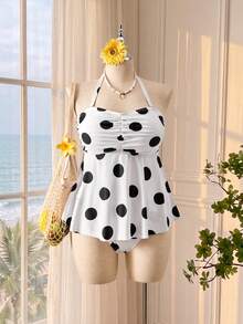 Bellisia Set Pakaian Renang Dua Potong Ukuran Plus dengan Model Tankini Halter Berkerut dan Bawahan Tankini Segitiga - Berwarna merah muda - View 1