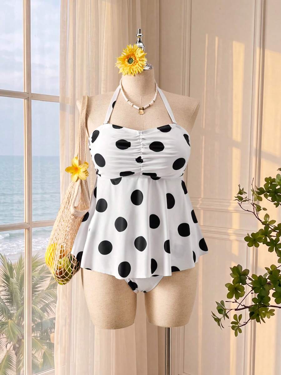 Bellisia Set Pakaian Renang Dua Potong Ukuran Plus dengan Model Tankini Halter Berkerut dan Bawahan Tankini Segitiga - Berwarna merah muda - View 1