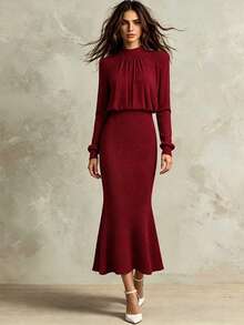 Franclia Vestido ajustado de Body con adorno de strass en la cintura, elegante para mujer - Burdeos - Ver 1