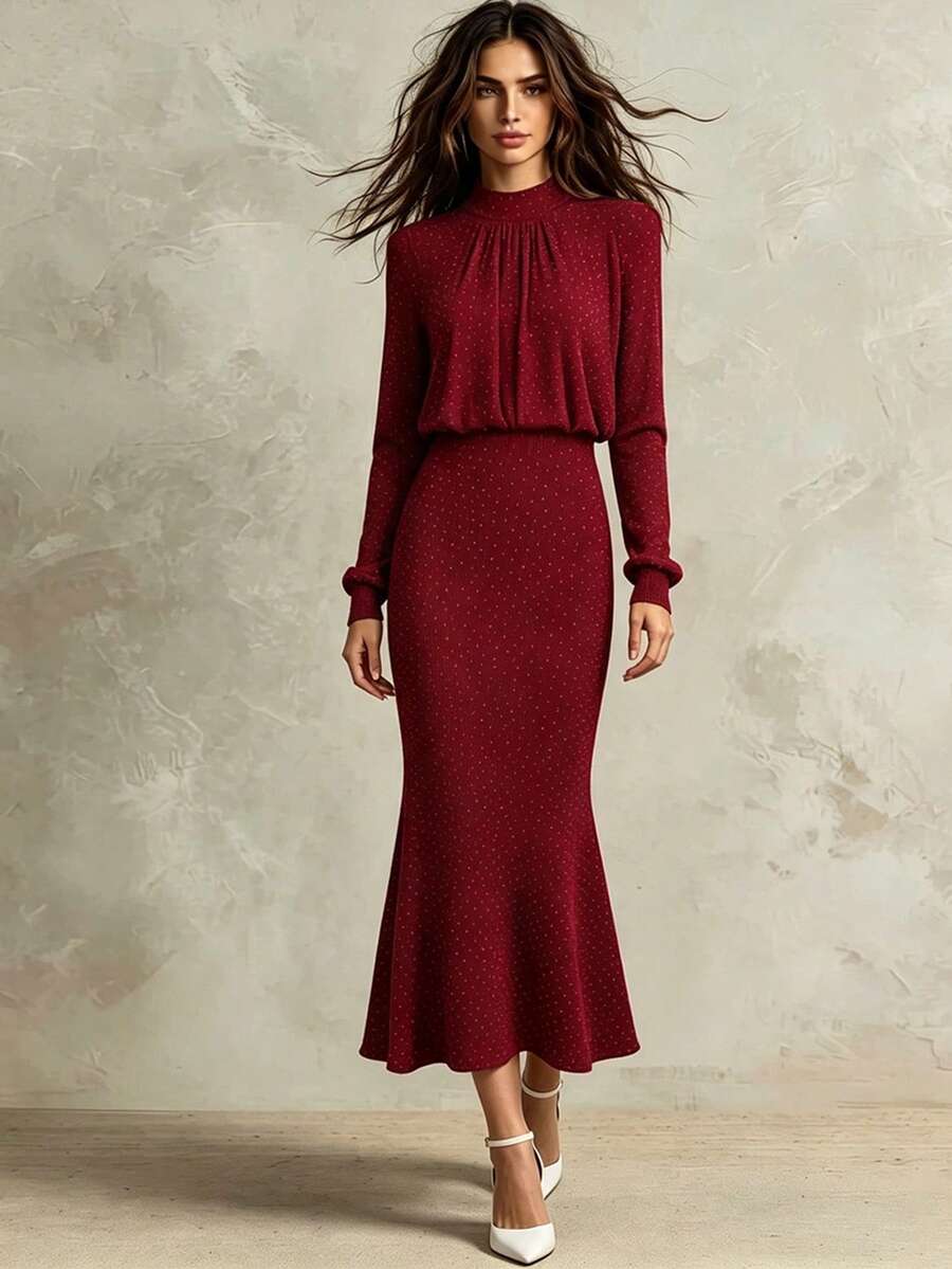 Franclia Vestido ajustado de Body con adorno de strass en la cintura, elegante para mujer - Burdeos - Ver 1