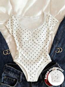 Franclia Lace V-Neck Short Sleeve Bodysuit, Slim Fit Layering Top For Summer - White - View 1