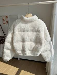 Comfortcana Plus Size Women's Casual Elegant Baggy Smart Vintage American Style White Fuzzy Warm Short Padded Coat Winter Office Going Out Formal Homewear - Beige - View 2