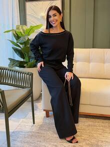 Yohana Edit Women's Asymmetrical Shoulder Vintage Rivet Decor Loose Pullover Knit Sweater,Black,Autumn Chic Night Out Fall Tops Long Sleeve Tops - Black - View 7