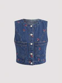 SHEIN MOD 女款櫻桃刺繡背心百褶裙牛仔套裝 秋季辦公野餐穿搭 教師穿搭 藍色可愛 70年代風 - 中等水洗藍 - 查看 6