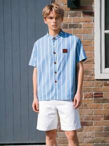 青少年男孩條紋拼接設計短袖襯衫與短褲紳士套裝 - 藍色 - 查看 6