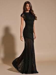 SHEIN BAE Black Lace Bodycon Elegant Fitted Ruched Dress, Black Lace Flowy Dress - Black - View 5