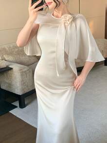 DAZY Women's Elegant Party 3D Floral Decor Shawl Mermaid Tail Long Dress - Apricot - View 2