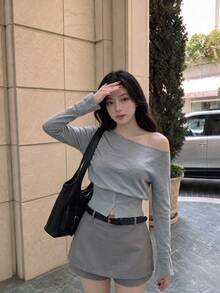 SHEIN MOD Women's Fashion Casual Solid Color Oblique Shoulder Button Gray Sweater In Fall/Winter - Grey - View 4