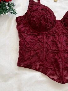 Soleia Spring/Summer Casual Vacation Lace Sheer Fishbone Tank Top For Beach And Wedding - Burgundy - View 5