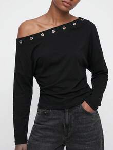 Maija Women's New Asymmetrical Asymmetric Neckline Eyelet Design Waist Drawstring Sweatshirt, Black Casual - Black - View 2
