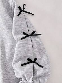 SHEIN Sparklyn 女童韓式刺繡蕾絲領拼接喇叭袖落肩寬鬆套頭運動衫，單件，適中厚度，適合春秋日常休閒、返校、度假穿著 - 灰色 - 查看 6