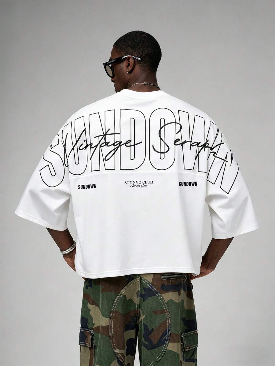 STYNVO Men's Plus Size Letter Print Colorblock Crew Neck Short Sleeve T-Shirt - White - View 1