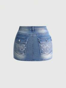 ROMWE J-Fashion Y2K復古蝴蝶刺繡對比縫線可調腰圍牛仔迷你裙 女款大尺碼 - 藍色 - 查看 5