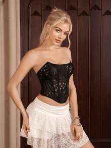 Sirith Mesh Patchwork Embroidered Cropped Top Dinner White Summer Low Waist Wedding Guest - Black - View 6