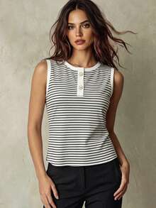 Franclia Women's Knitted White Contrast Color Round Neck Pearl Button Sleeveless Casual Basic Tank Top, Summer Golf - Black and White - View 1