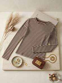 Muvela Women's Ribbed Crew Neck Long Sleeve Casual T-Shirt Brunch Everyday School Brown Striped Autumn Slim Fit Basic Back-To-School - Coffee Brown - View 4