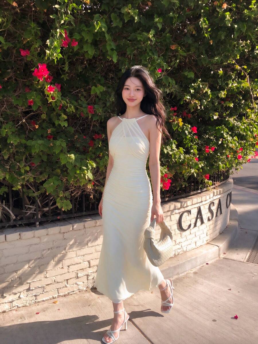 SHEIN MOD Women's Apricot Color Halter Neck Fish Tail Hem Long Dress,Prom Dress,Fall Dresses