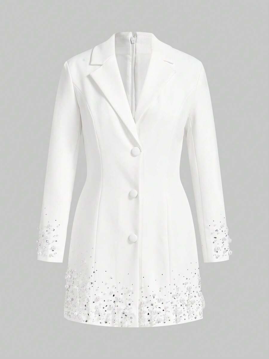 MOTF PREMIUM VESTIDO CORTO ELEGANTE ADORNADO CON PERLAS FALSAS Y diamante de imitación - Blanco - Ver 1