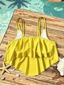 Swim Lushoire Top de traje de baño tipo camisola de talla grande con bajo asimétrico y plisado de color liso para playa de verano - Amarillo - Ver 2