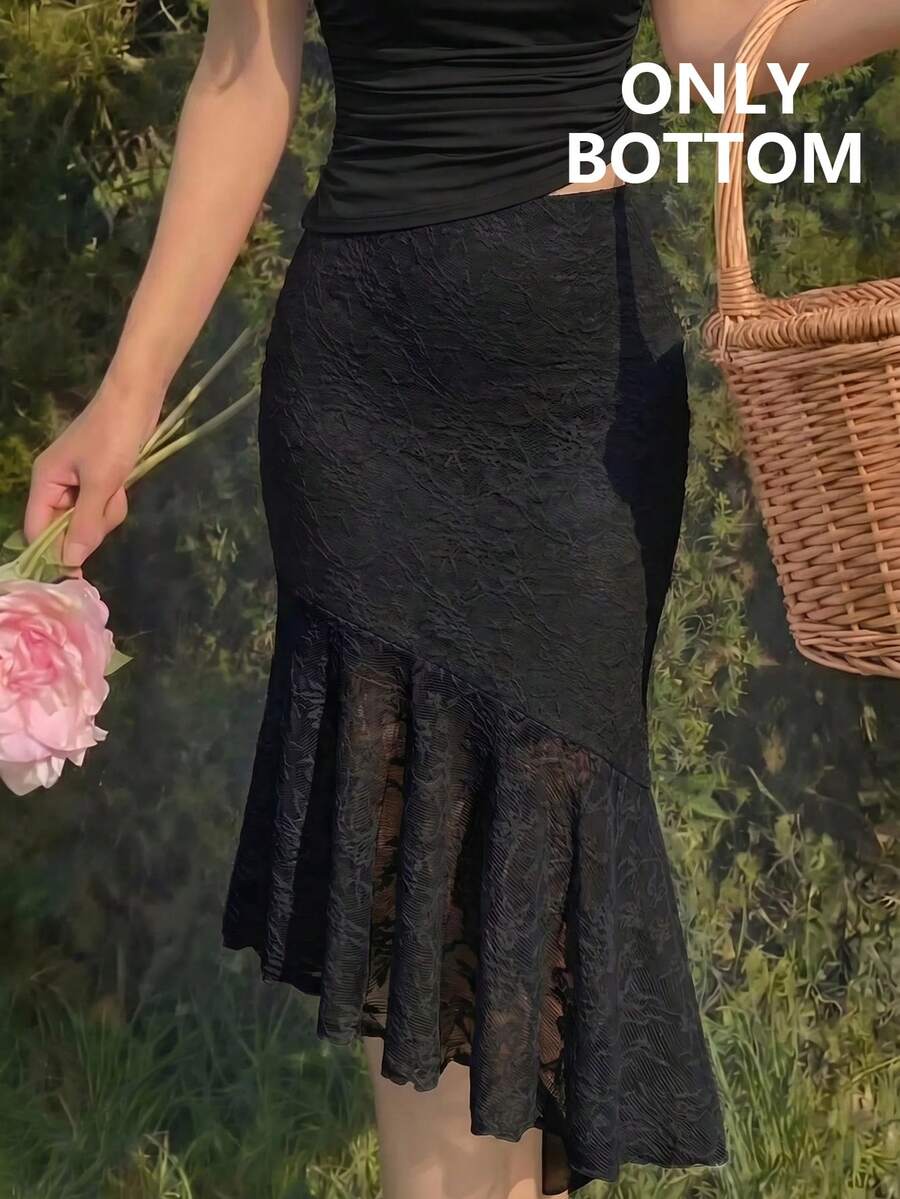 SHEIN MOD 女士不对称纹理优雅美人鱼裙 - 黑色 - 查看 1