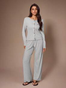 Lazeform Heart Embroidered Casual Women's Pajama Set Loungewear - Light Grey - View 7