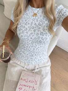 CovetEZ Casual Minimalist Sexy Off-Shoulder Leopard Print Short Sleeve T-Shirt, Suitable For Spring And Summer, Spring And Summer Clothing Matching, Leopard Print Makes You Look Fairer - Multicolor - View 5