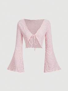SHEIN MOD 女式复古V领短款喇叭袖系带上衣 - 粉色 - 查看 6