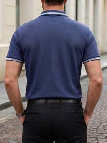 Manfinity Mode 男士夏季條紋短袖休閒通勤 Polo 正裝襯衫，儀式適用 - 寶藍色 - 查看 2